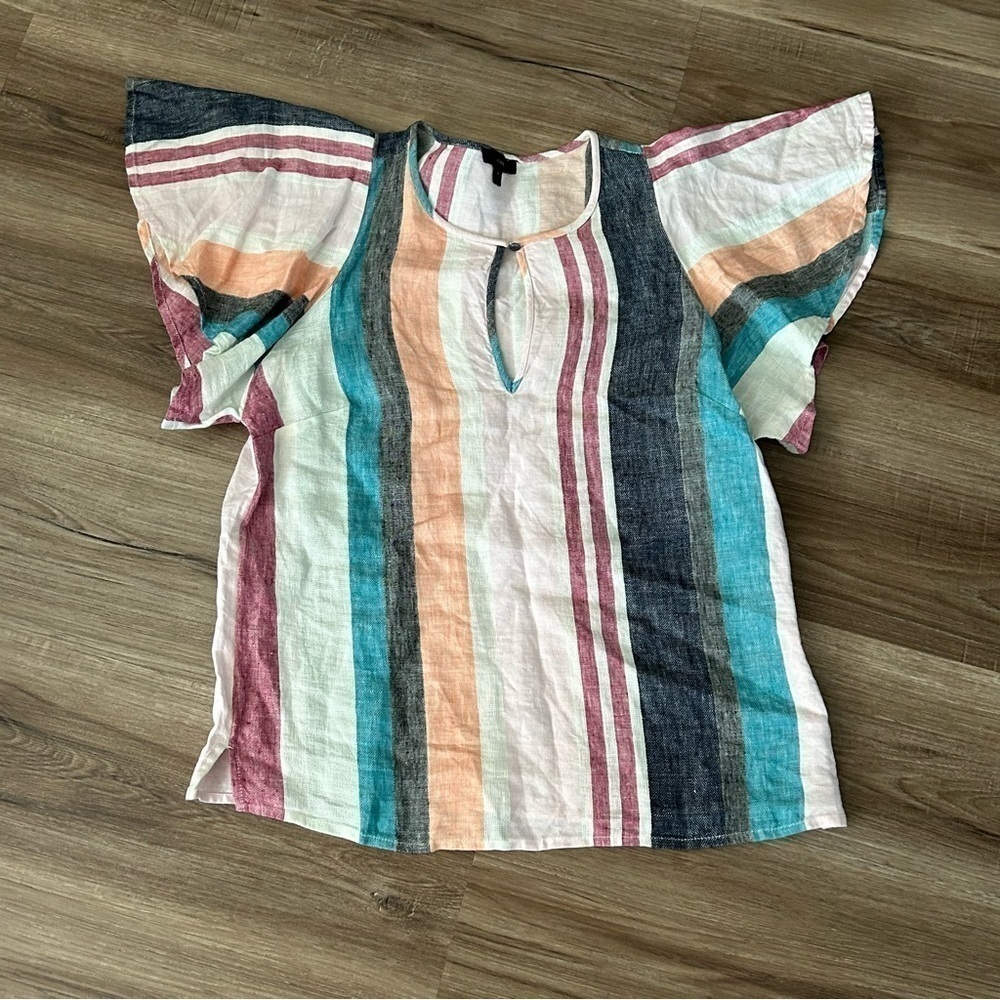 J.Crew 100% Linen Multicolored Stripe Flutter Sleeve Top Women Size 4
